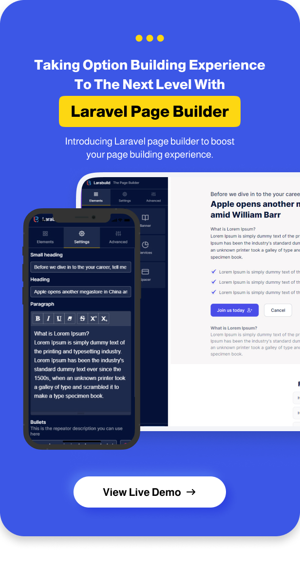 LaraBuild - Laravel Drag and Drop Page builder and Settings Builder Package - 1